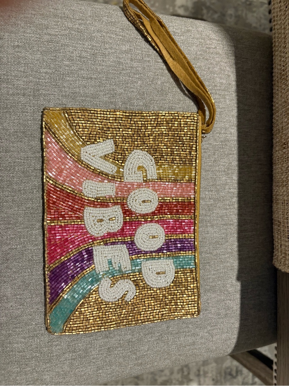 Gold Beaded 'Good Vibes' Wristlet Clutch